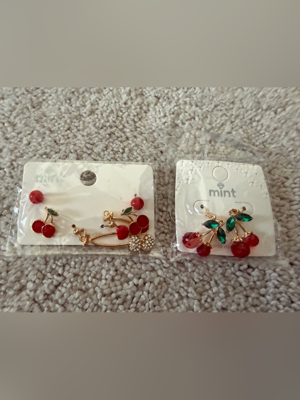 Mint Cherry Cluster Drop Earrings in Red and Green with Gold Tone